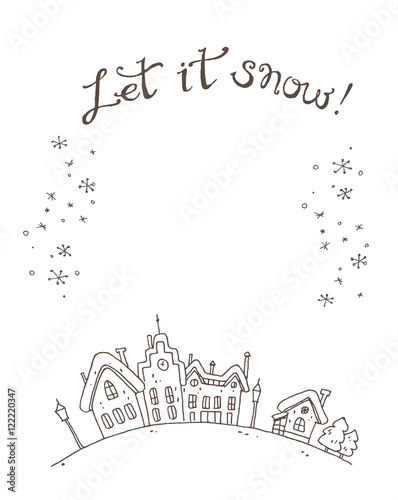 Hand drawn vector sketchy christmas and new year card with snowf