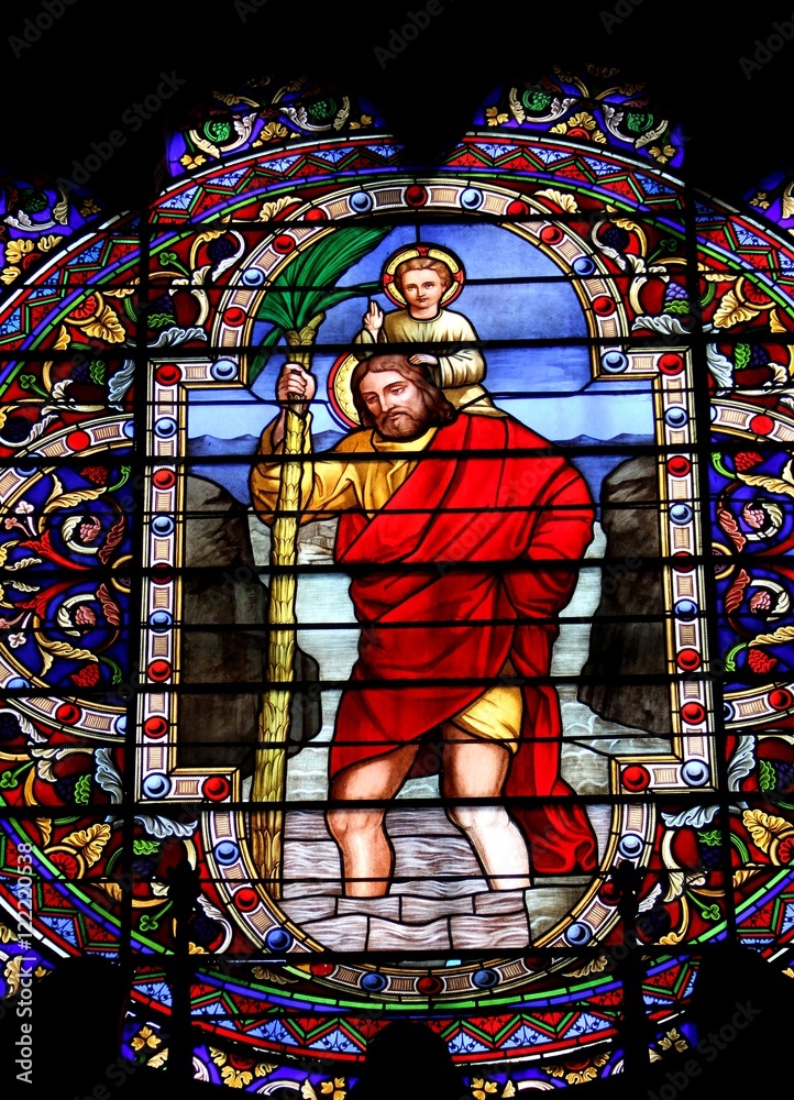vitrail de saint Christophe,église saint Cristofol,Peyre, Aveyron vallée du Tarn