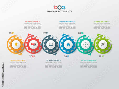 Business infographic template with gears cogwheels 6 steps, processes, parts, options. Vector illustration.