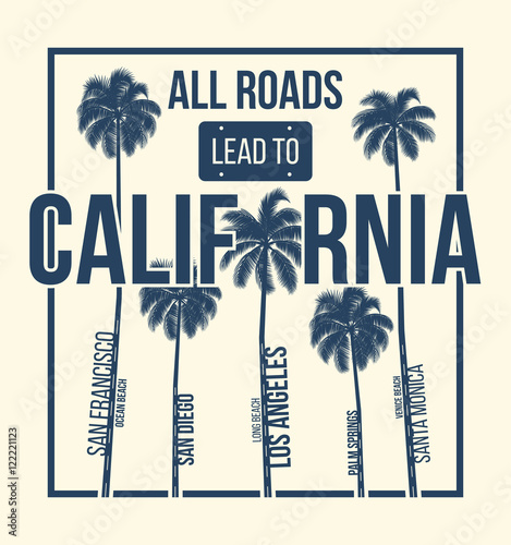 California t-shirt graphic design with palms. T-shirt print, typography, label, badge, emblem. Vector illustration.