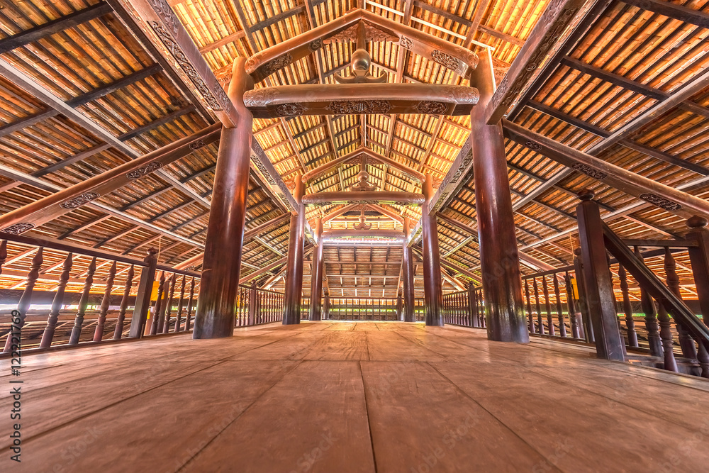 Inside wood pagoda in Long An, Vietnam