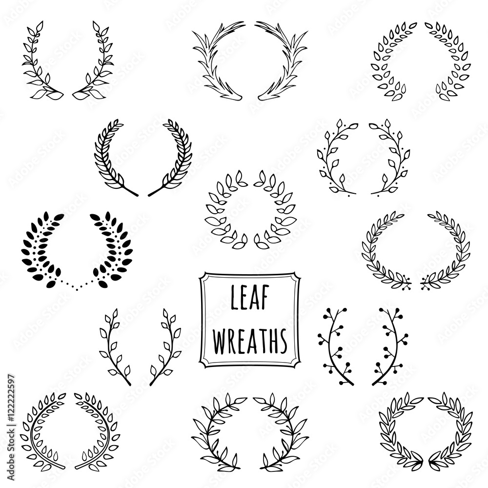 Fototapeta premium Set of 13 laurel leaf wreath made in black. Unique hand drawn Vector wreath collection