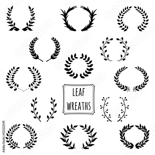 Set of 13 laurel leaf wreath made in black. Unique hand drawn Vector wreath collection
