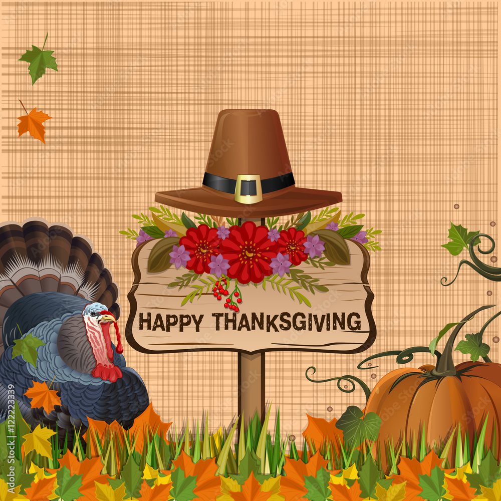 Φωτογραφία Thanksgiving background with pumpkin, turkey, fallen autumn leaves and pilgrim's hat