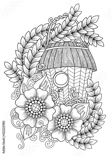 Black and white wood nesting box. Hand drawn outline bird house decorated with floral ornament. Zentangle inspired pattern for coloring book pages for adults and kids, tattoo, poster. Boho style.