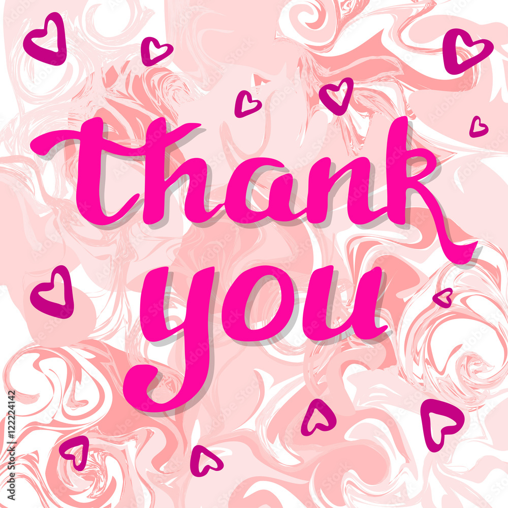 Vector trendy marble background with thank you lettering and hearts.