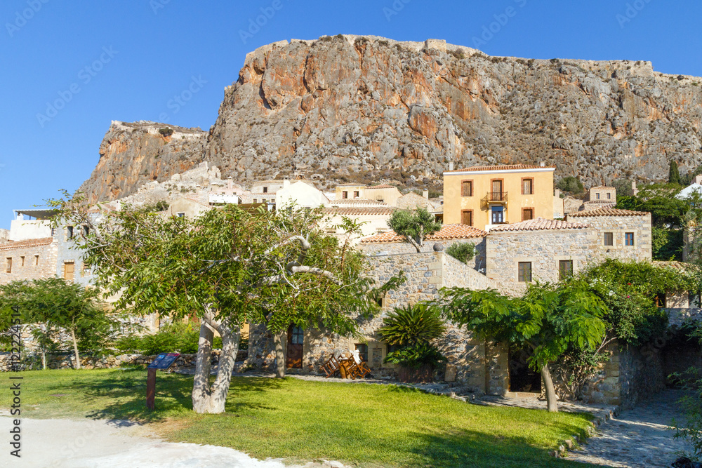 Inside the historic castle Monemvasia on the rock of island in Peloponnese, Greece