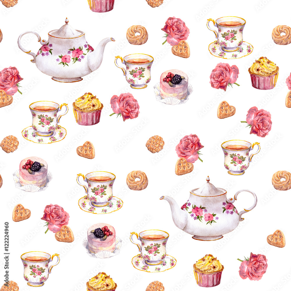Teatime - teapot, tea cup, cakes, flowers. Seamless pattern. Watercolor Teatime - teapot, tea cup, cakes, flowers. Seamless pattern. Watercolor