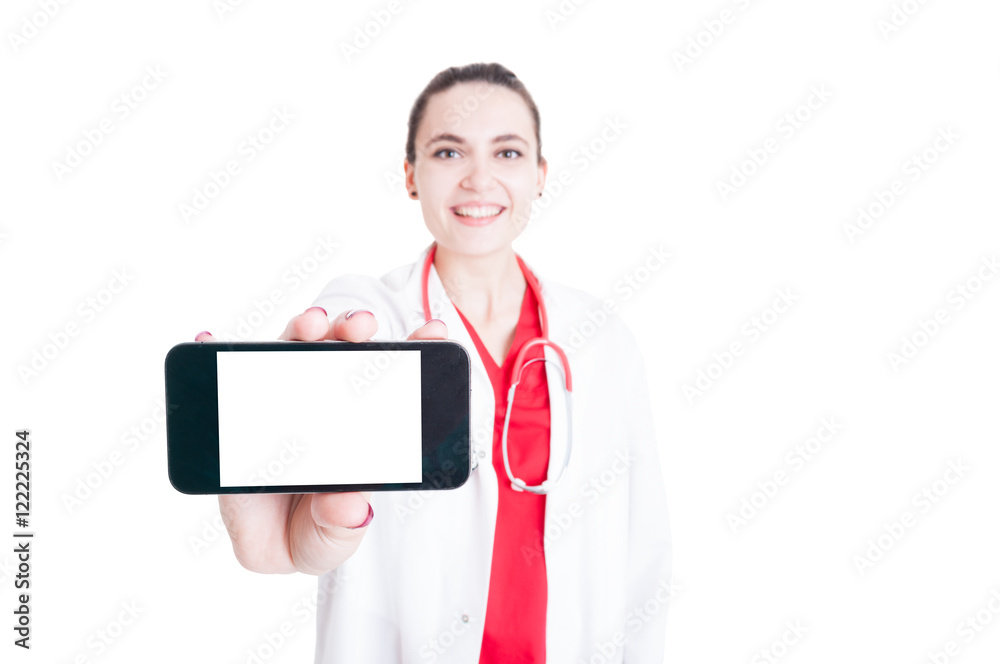 Cheerful medic holding mobilephone Cheerful medic holding mobilephone