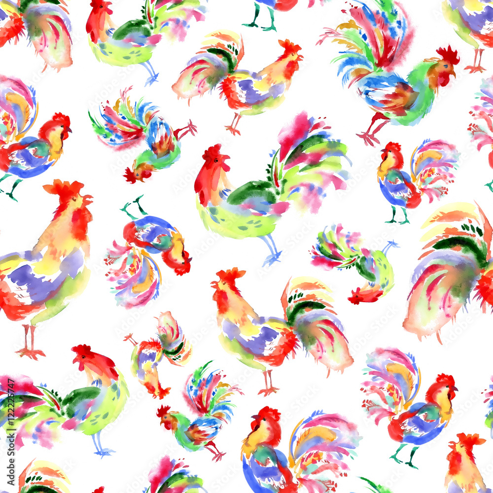 Watercolor bright festive roosters. New year symbol. Beautiful s