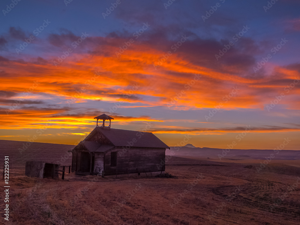 Abandoned One Room School at Sunset 