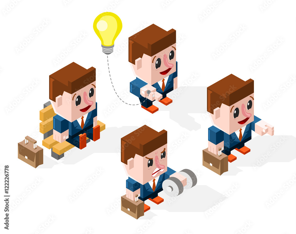 Set of Isometric Cartoon Men in Action on White Background. Isolated Vector Elements. Set of Isometric Cartoon Men in Action on White Background. Isolated Vector Elements.