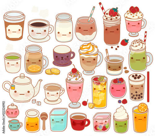 Collection of lovely hot and cold drink icon , cute tea , adorable milk , sweet coffee , kawaii smoothie, girly matcha green tea Isolated on white in childlike manga cartoon style - Vector file EPS10