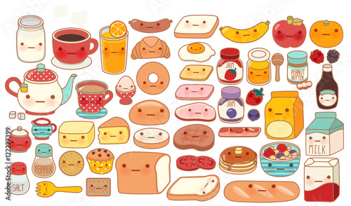 Collection of lovely baby breakfast set doodle icon , cute cereal , adorable bread , sweet strawberry jam , kawaii pancake , girly milk in childlike hand drawn manga cartoon style - Vector file EPS10