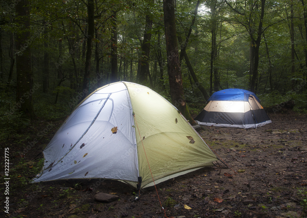 Tent campsite at dark