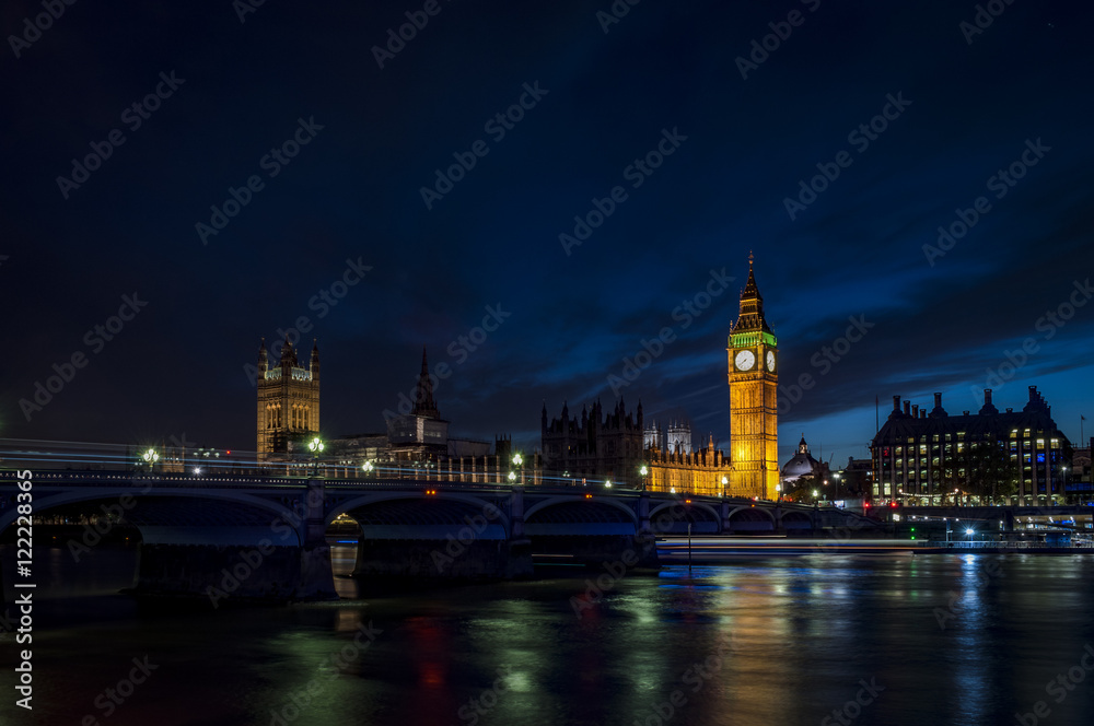 Big Ben and the Houses of Parliament at night from across the river Thames and Westminster bridge southbank in London, England, UK