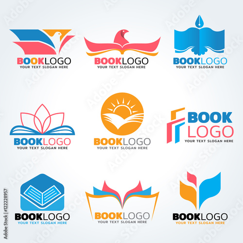 Book logo - bird and sun and lotus mix concept vector illustration set design