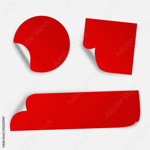 Set of three paper sticker templates with bent edge. Isolated on white background. Vector illustration, eps 10.