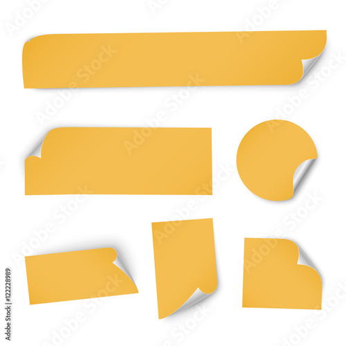 Set of six paper sticker templates with bent edge. Isolated on white background. Vector illustration, eps 10.