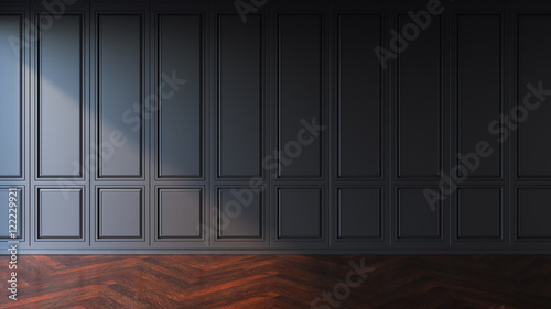 classic black wall and wooden floor background,empty room ,sunset in room ,3D illustration