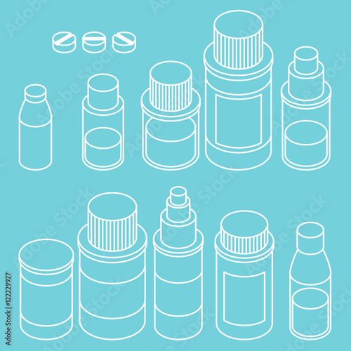 Flat 3d isometric pharmaceutics pharmacy drug line icon set