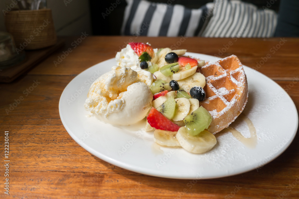 Mixed fruits waffle with ice cream Mixed fruits waffle with ice cream