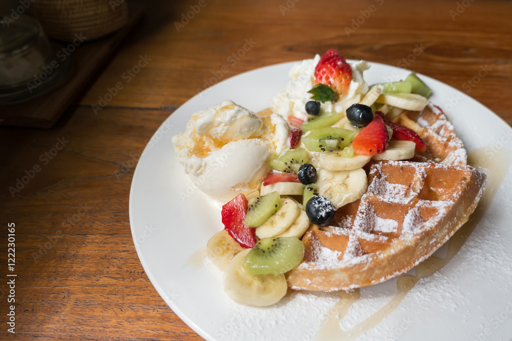 Mixed fruits waffle with ice cream Mixed fruits waffle with ice cream