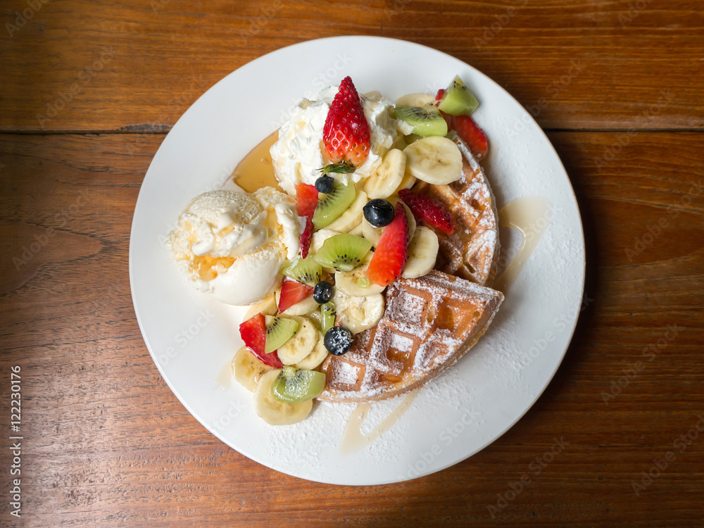 Mixed fruits waffle with ice cream Mixed fruits waffle with ice cream