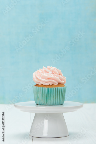 Colorful Homemade Cupcake On White Stand. Copy Space.