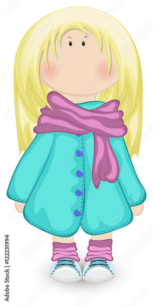Doll-like girl in turquoise coat, purple scarf and sneakers. Isolated, Vector illustration Doll-like girl in turquoise coat, purple scarf and sneakers. Isolated, Vector illustration