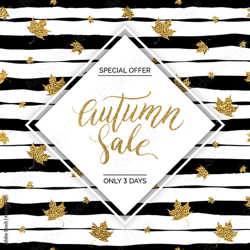 Autumn sale vector text on gold autumn leaves seamless pattern on striped background, special offer autumn sale, golden shiny autumnal text for card, poster, banner, print