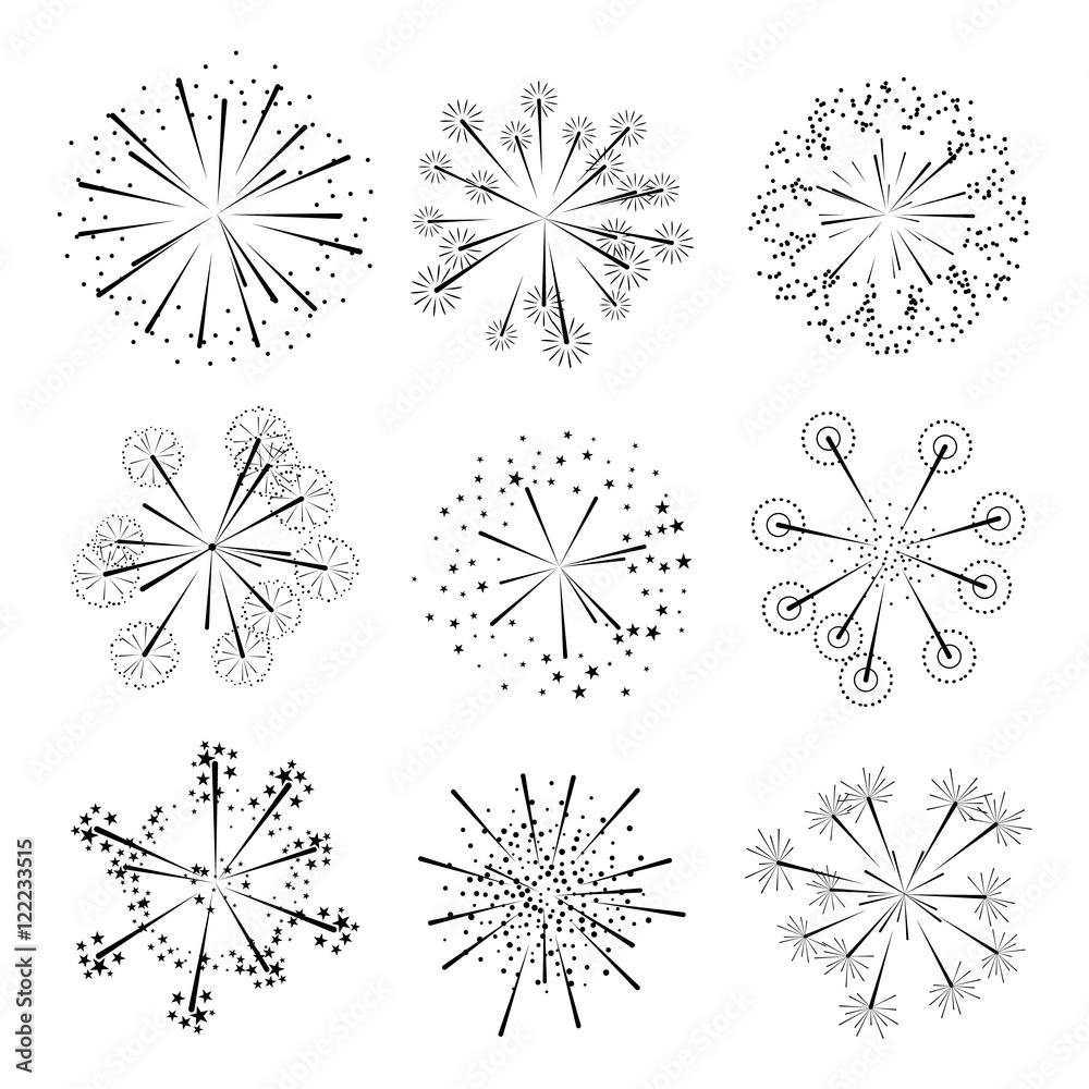 Set of fireworks design elements. Festive vector element for design and icons for badges, logos, labels, websites. Isolated on white.