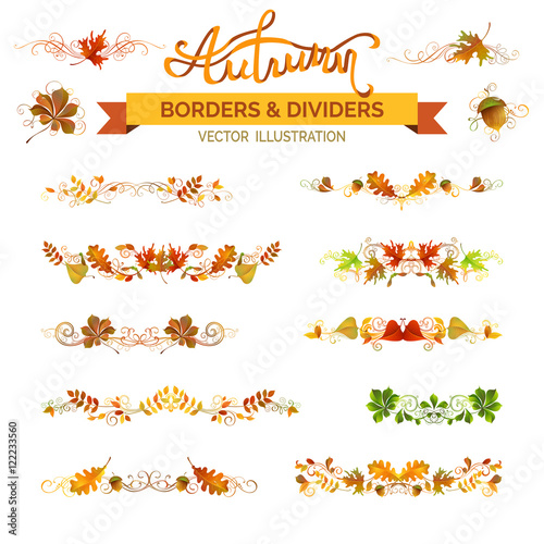 Set of autumn leaves borders, page decorations and dividers.