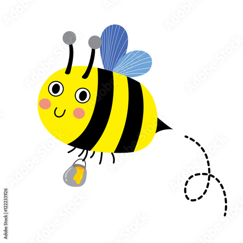 Happy Bee flying around with a brimful jar of delicious honey cartoon character. Isolated on white background. Vector illustration.