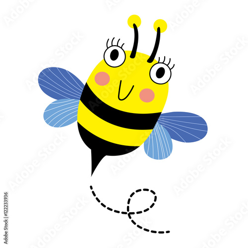 Happy Bee flying cartoon character. Isolated on white background. Vector illustration.
