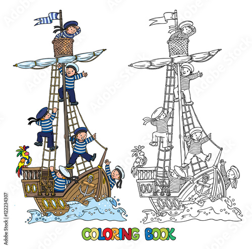 Coloring Book with ship and happy sailors