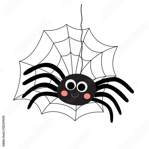 Black Spider with spider web animal cartoon character. Isolated on white background. Vector illustration.