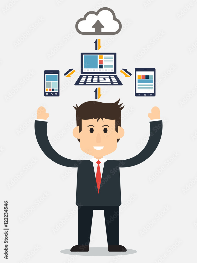 Business man show electronic device and cloud connection ( smartphone , tablet and computer are connecting to cloud server for sharing input and output data ) Business man show electronic device and cloud connection ( smartphone , tablet and computer are connecting to cloud server for sharing input and output data )