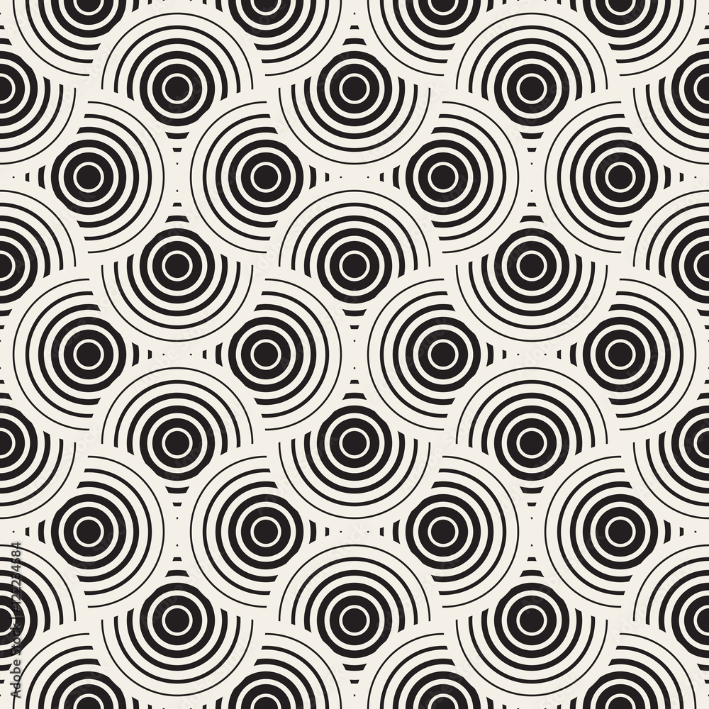 Vector Seamless Black and White Circle Lines Grid Pattern