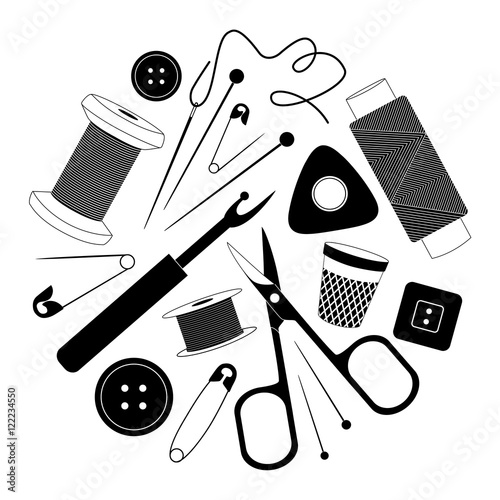 Sewing tools silhouette isolated on white background. The template for the stencil. Vector illustration. Supplies and accessories for needlework, embroidery.
