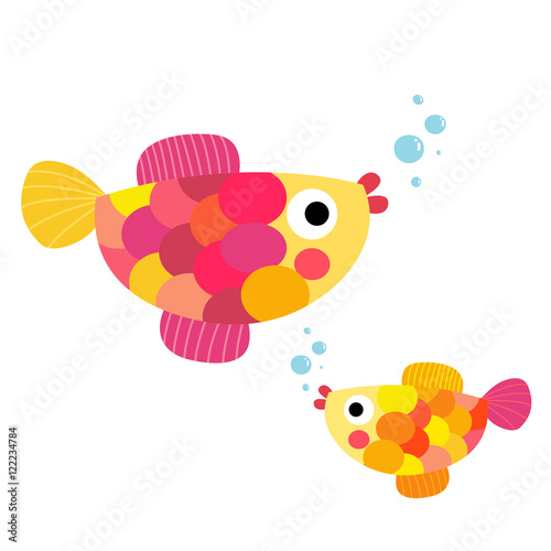 Colorful Fish swimming animal cartoon character. Isolated on white background. Vector illustration.