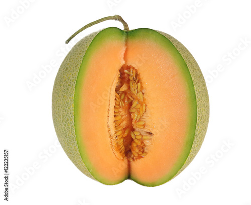 Close up of cut ripe orange muskmelon with stem isolated on white background