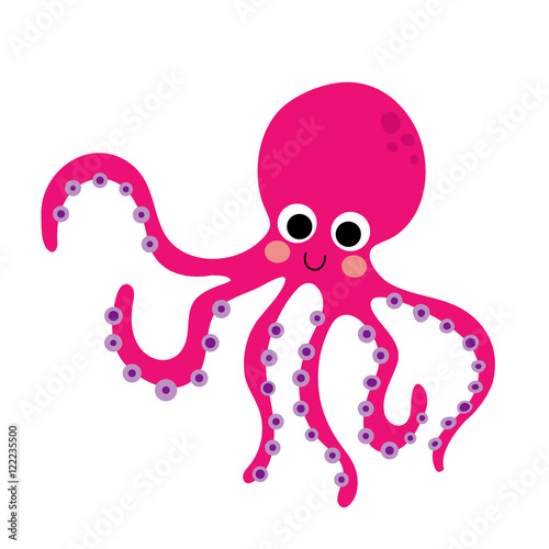 Magenta Octopus animal cartoon character. Isolated on white background. Vector illustration.