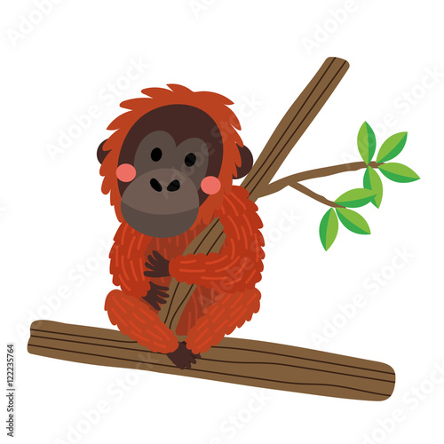 Orangutan sitting on branch with leaves animal cartoon character. Isolated on white background. Vector illustration.
