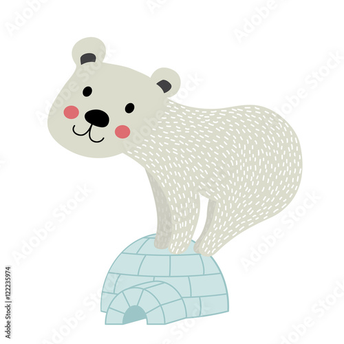 Polar Bear standing on igloo animal cartoon character. Isolated on white background. Vector illustration.