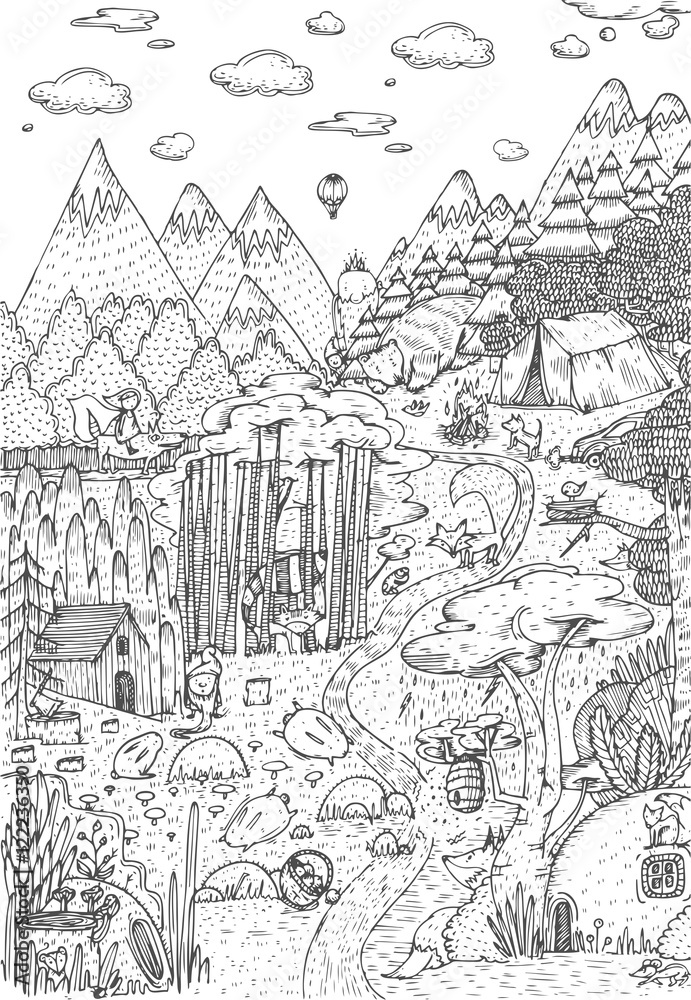 Wild life in forest drawn in line art style. Coloring book page design