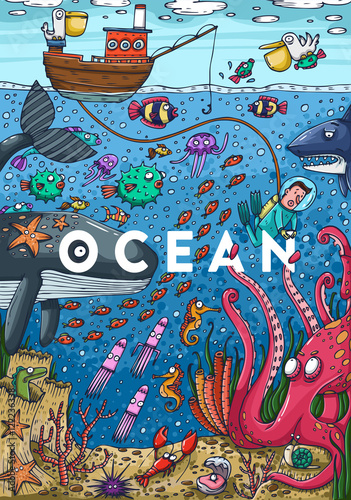Detailed colorful illustration. Under water sea life