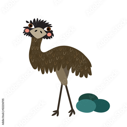 Standing Emu with eggs animal cartoon character. Isolated on white background. Vector illustration.
