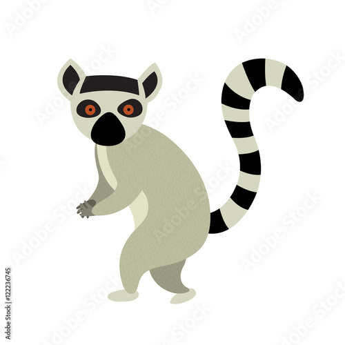 Standing Lemur animal cartoon character. Isolated on white background. Vector illustration.