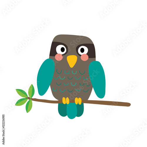 Turquoise Owl bird perched on the branch with leaves animal cartoon character. Isolated on white background. Vector illustration.